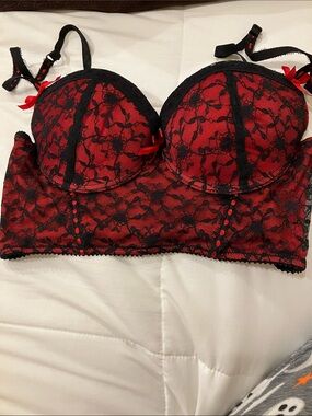Red Lace Longline Bra with Black Overlay